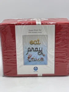 Queen Sheet Set Red 100% Cotton 1 Flat 1 Fitted 2 Pillowcases HSN Eat Pray Love - Picture 1 of 3