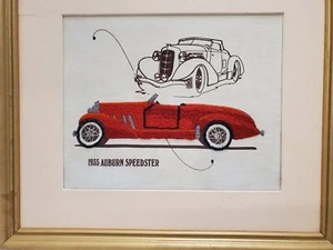 Vintage Crewel Finished Needlework Framed 1935 Auburn Speedster 13x15in. - Picture 1 of 8