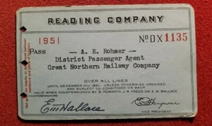 1951 Reading Company - Employee Railroad Pass District Passenger Agent pc33 - Imagen 1 de 3