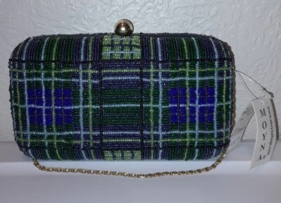 Moyna Beaded Box Clutch Plaid Blue And Green Handcrafted NWT - Image 1 of 4