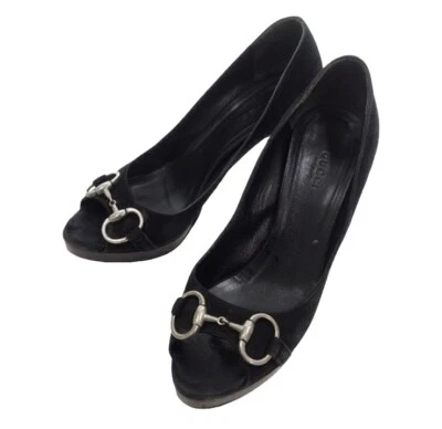 Zapatos de tacón alto Gucci negros de gamuza GG Horsebit Peep Toe talla 38 Foto 1 de 4