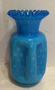 Vintage Fenton Bubble Optic Opaque Blue Glass Ruffled Pinched Vase - Picture 1 of 6