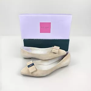 Kate Spade Nora Tan Suede Ballet Flats with Gold Engraved Bow Shoes Size 8.5M - Picture 1 of 10