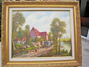 TABLEAU-PEINTURE HUILE TOILE -VILLAGE XIXe-CALECHE-SIGNE-CADRE BOIS DORÉ MOULUR - Imagen 1 de 4