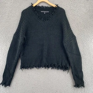 HYFVE Sweater Womens Medium Black Chunky Knit Frayed Hem V Neck Pullover Boho - Picture 1 of 10