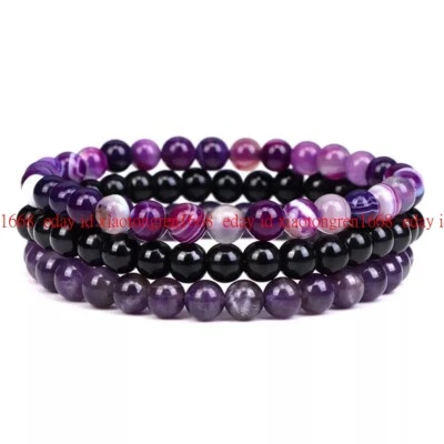 Natural 3 Pcs Amethyst Black Agate 6mm Bead Stretch Bracelet Stack Healing 7.5" - Image 1 of 4