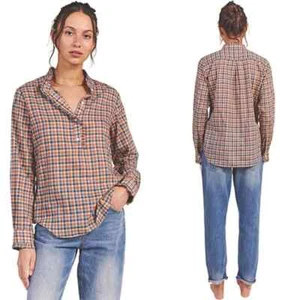 Birds of Paradis Breezy Ruffled High Neck Blouse Top Bonita Plaid Size: L NWT - Picture 1 of 11