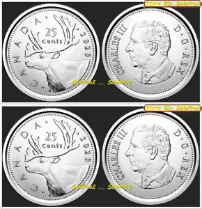 2x KANADA 2023 CANADIAN CARIBOU QUARTER KING CHARLES III 25 CENT MÜNZE LOT UNC - Bild 1 von 2