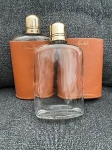 Vintage Travel 2-Piece Glass Liquor Flasks Set w/ Leather Case - Made In England - Picture 1 of 9