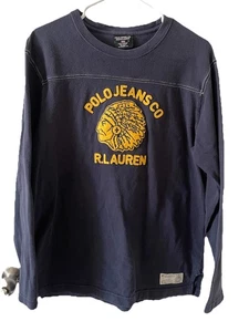 Vintage Polo Jeans Ralph Lauren Sweater Mens Blue Spell Out Logo Indian Patch M - Picture 1 of 10