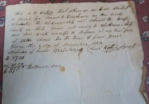 1852 Bauherren Tusche Manuskript Garantie für neues Haus, Dach undicht, Arbeiterschiff etc. - Bild 1 von 3