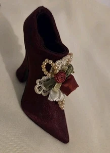 Vtg Burgundy Red Decorative Pearl Lace Collectible Mini Floral High Heel Shoe - Picture 1 of 17