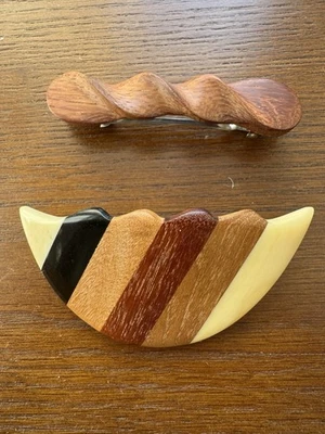 Lot 2 French Barrette Curved Wood Panel Hair Clip Barrette France Brown  Vintage - Image 1 of 4