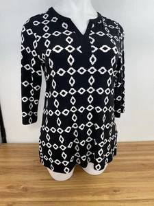 Charter Club Damen Tunika Oberteil XL 3/4 Arm Geometrisch Schwarz/Weiß Pullover V-Ausschnitt - Bild 1 von 15
