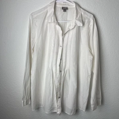 J. Jill Shirt Womens Large White Pintuck Button Down Long Sleeve Silk Blend - Image 1 of 4