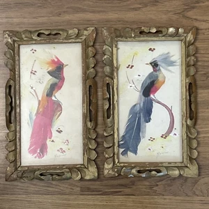 Vintage Paar mexikanische Volkskunst Vogel Feder Handwerk handgeschnitzte Rahmen 10x8 - Bild 1 von 6