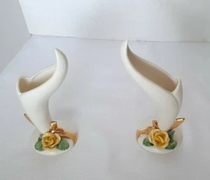 Beautiful Bird Of Paradise Antique Vases w Gold, Yellow Rose 1970's  9"  - Picture 1 of 10