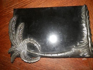 Vintage Black Granite Palm Tree Serving Tray Genuine Solid, Silver Plate - Picture 1 of 1