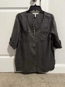 Ellen Tracy Tunic Womens XL 100% Linen Gray With Gold Zipper Roll Tab Sleeve - Picture 1 of 6