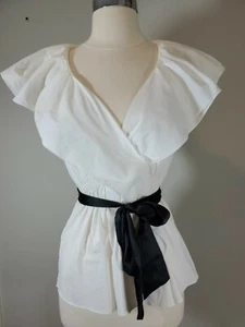 BCBG Max Azria White Ruffle Collar Top Size XS With Black Silk Tie EUC - Picture 1 of 11