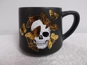 Halloween Spooky Skull Gold Moths Black Ceramic Coffee Tea Cup Mug - Picture 1 of 6