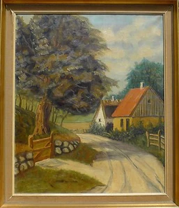 ARTISTA DANÉS T SNEUM - CALLE SOLEADA DEL PUEBLO - PINTURA AL ÓLEO - Imagen 1 de 11