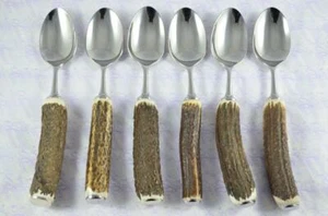 Six 6 Genuine Stag/Antler Handle Tea Spoons Boxed Made In Sheffield England - Picture 1 of 1