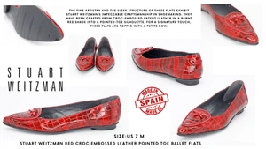 Stuart Weitzman rote spitz zulaufende Ballerinas aus Leder mit Krokoprägung: Größe 7 M - Bild 1 von 13