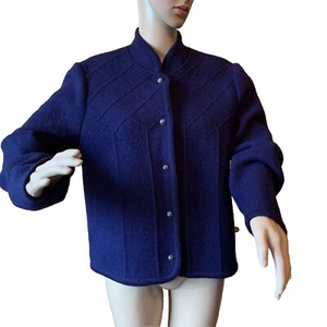 Cárdigan Suéter Vintage Ojo de Águila Lana Hervida Azul Marino Botones Plateados M - Imagen 1 de 18