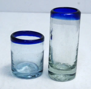 2 Mexican Cobalt Blue Rim Shot Glasses Hand Blown Tequila Barware 2 Sizes - Picture 1 of 10
