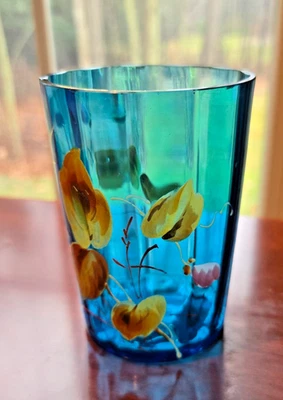Vaso antiguo victoriano de vidrio azul de 4" - esmalte floral pintado a mano Foto 1 de 4