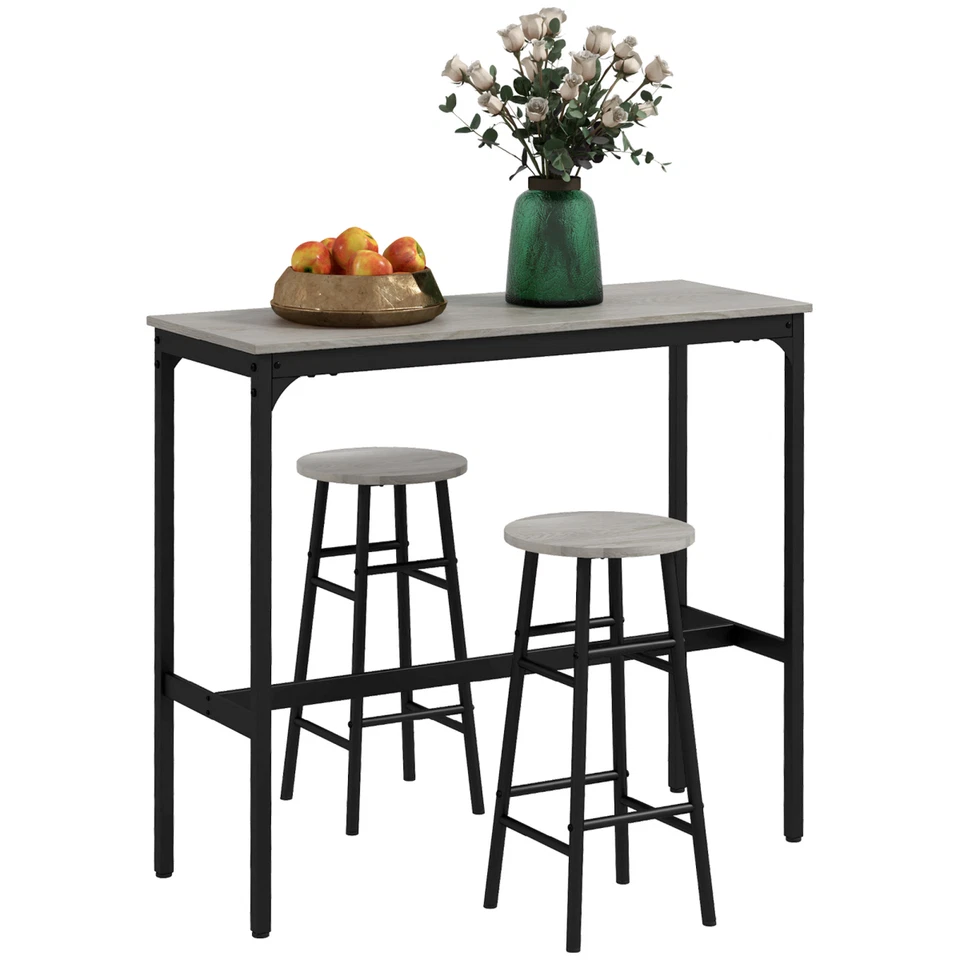 3 Piece Bar Set Industrial Style Kitchen Table & Stools Compact Grey Wood-Effect - Image 1 of 4