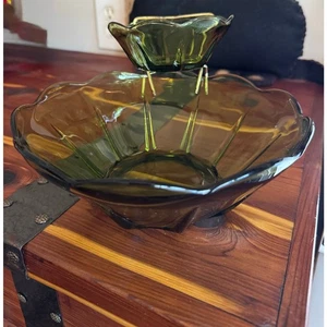 Vintage Anchor Hocking Swedish Modern Avocado Green 3 Pc Chip and Dip Set - Picture 1 of 4