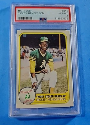 1981 FLEER BASEBALL #351 RICKEY HENDERSON ATHLETICS HOF PSA 8 - Image 1 of 2