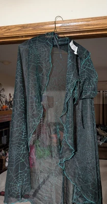Halloween Shimmering sheer Black & Green Spider Web Cape with Hood--Adult size - Image 1 of 4
