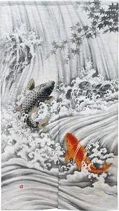 Noren Japanese Style Door Half-length Curtain Ukiyo-e 85x150cm Carp Waterfall - Picture 1 of 8
