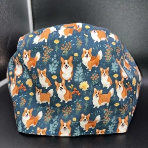Scrub Cap Satin gefüttert Euro Style mit Knebel Sunshine Caps Co blau Corgi Floral - Bild 1 von 6