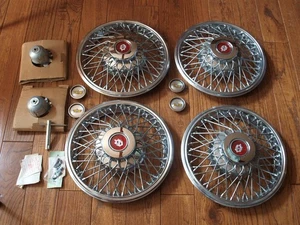 4 Vintage Spoke Wire Hubcaps 14" Wheel Covers Oldsmobile w/ Locks Tool Caps NOS! - Picture 1 of 11