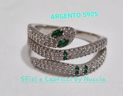 Anello fascia Serpente donna ARGENTO S925 con zirconi occhi verdi misura 18 - Immagine 1 di 4