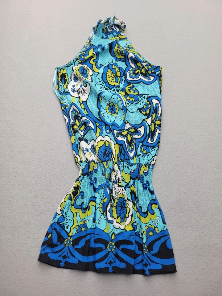 Vestido Arden B Mujer Grande Azul Halter Top Hasta la Rodilla Floral Mezcla Seda Foto 1 de 4