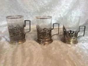 Three Antique Russian Silver Tea Glass Holders & Glass Inserts, Sterling - Picture 1 of 8