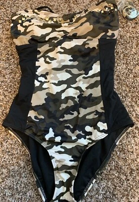 Guess "Corps Values" One Piece Swimsuit Brown Camo Print Small S (6) NWTs $119 - Image 1 of 4
