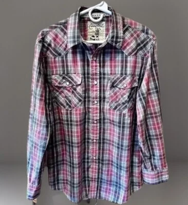 Coastal Western Cowboy Pearl Snap Rodeo Shirt Shirt Mens Large Pink Gray Plaid - Image 1 of 4