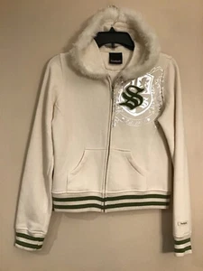 Southpole Girls Size M Hoodie-Beige Faux Fur-Green S-Silver on L side-PreOwned  - Picture 1 of 5