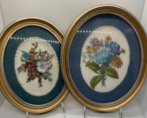 Set of 2 Oval Golden Picture Frames 3D Applique Flowers Floral Wall Hanging VTG - Picture 1 of 13
