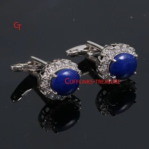 Natural Lapis & CZ Gemstones with 925 Sterling Silver Cufflinks For Men's - Picture 1 of 3