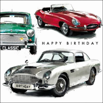 WOODMANSTERNE Greeting card birthday with classic cars design on felted card with spot varnish