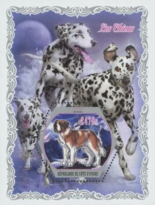 Dogs Stamp Pet Cute Animals Saint Bernard Dalmatian Souvenir Sheet MNH - Image 1 of 3