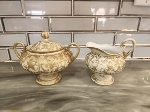 Antique Nippon Hand Painted Sugar And Cream Gold Moriage Blue Maple Leaf Mark - Picture 1 of 15