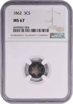 1862 três centavos prata MS67 NGC - Imagem 1 de 4